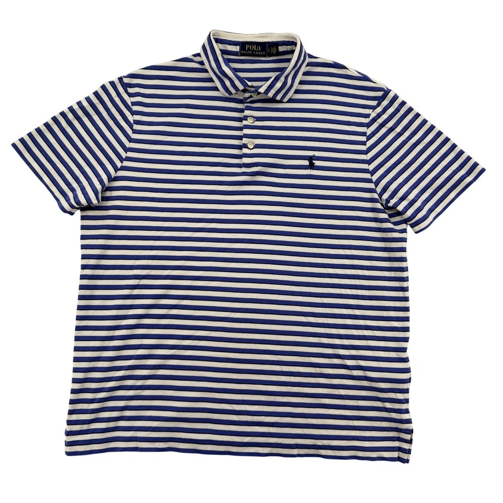 Polo Ralph Lauren Men Large L Blue White Striped Short Sleeve Polo Shirt Soft